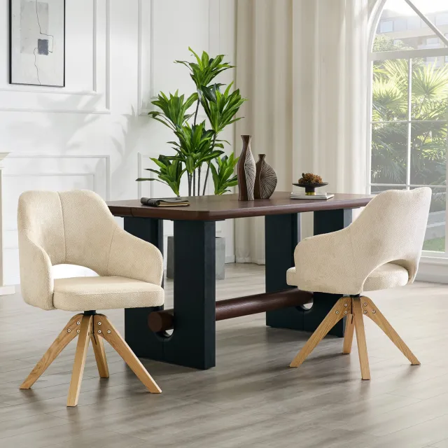 CHICFURN Eetkamerstoel - 360 graden draaibaar - Houten poten - Beige Beige-wit