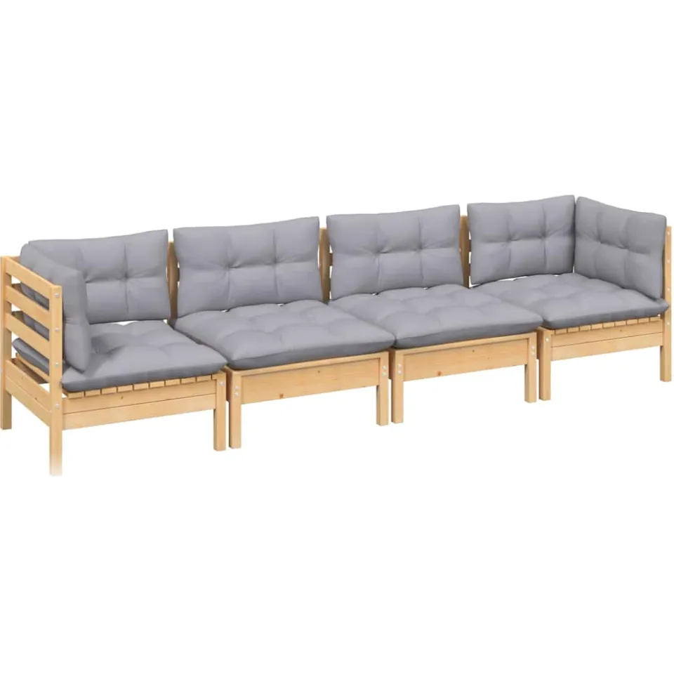vidaXL 4-delige Loungeset met grijze kussens massief grenenhout grijs