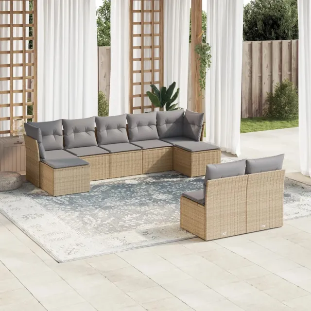 vidaXL 9-delige Loungeset met kussens poly rattan beige, foto 2