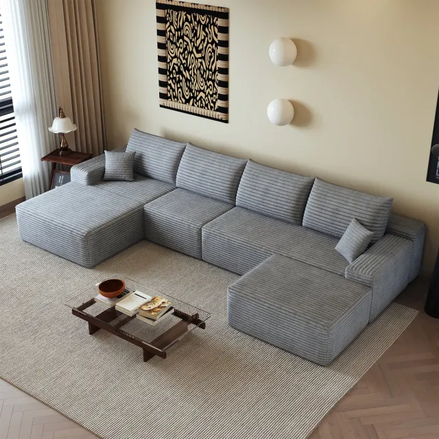 COVREO Hoekbank met chaise longue – 340 x 175 x 83 cm – Modulaire zitcombinatie met diepe zit – 5-zits voor woonkamer – Grijs