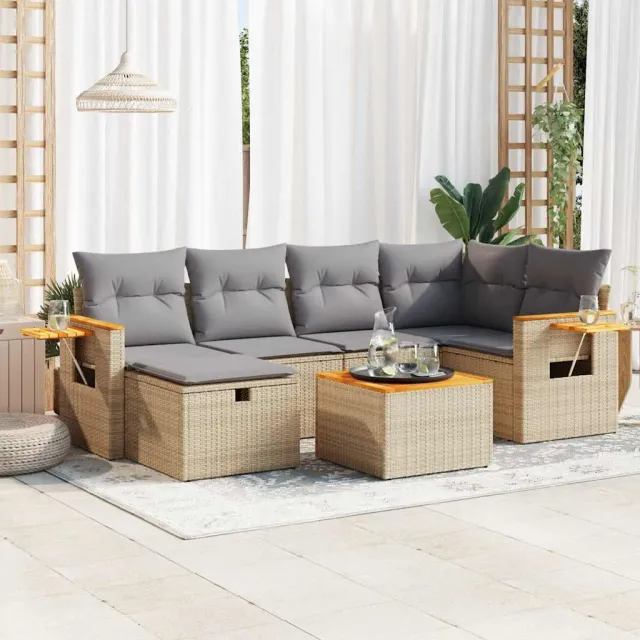 vidaXL 7-delige Loungeset met kussens poly rattan beige, foto 2