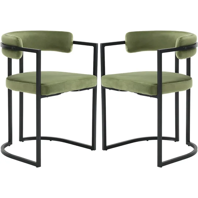 chairus Eetkamerstoel Set van 2 stoelen - Groen - Velvet - Met Metalen Onderstel en Armleuningen - Vaste Hoogte - Met U-vormige rugleuning - Moderne Stoel Voor de Eetkamer