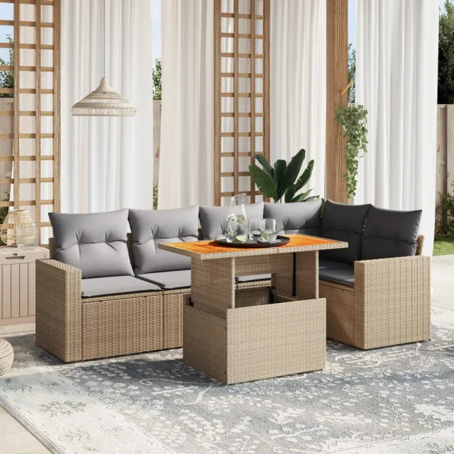vidaXL 6-delige Loungeset met kussens poly rattan beige, foto 2