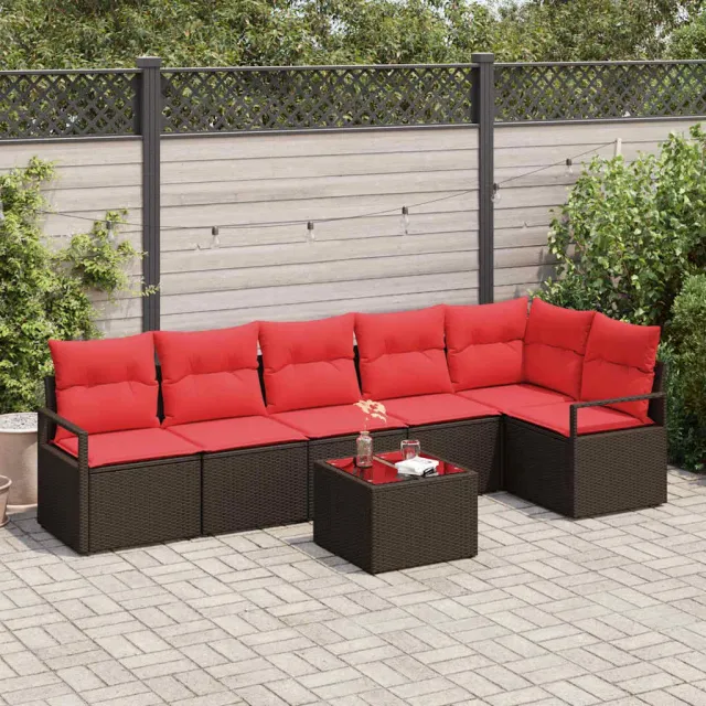 vidaXL Tuinbankenset 7 st Bruin en Rood poly rattan, foto 2