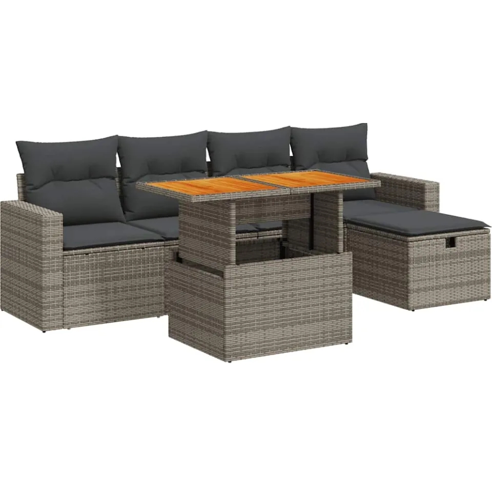 vidaXL 6-delige Loungeset met kussens poly rattan acacia grijs, foto 3