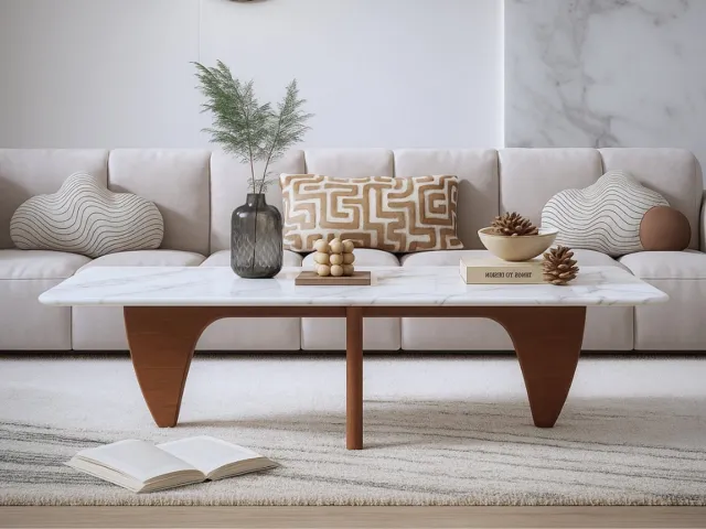 MEUBI Salontafel Marmer - Walnoot Hout - Marmer blad Rechthoekig - Tafel - Coffee table - Koffietafel Walnoot Marmer