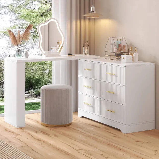 DESMIU Kaptafel – Draaibaar Met Ledverlichting – 110 x 40 x 129 cm – Spaanplaat – Wit En Goud – 6 Lades Voor L Vormige Opstelling