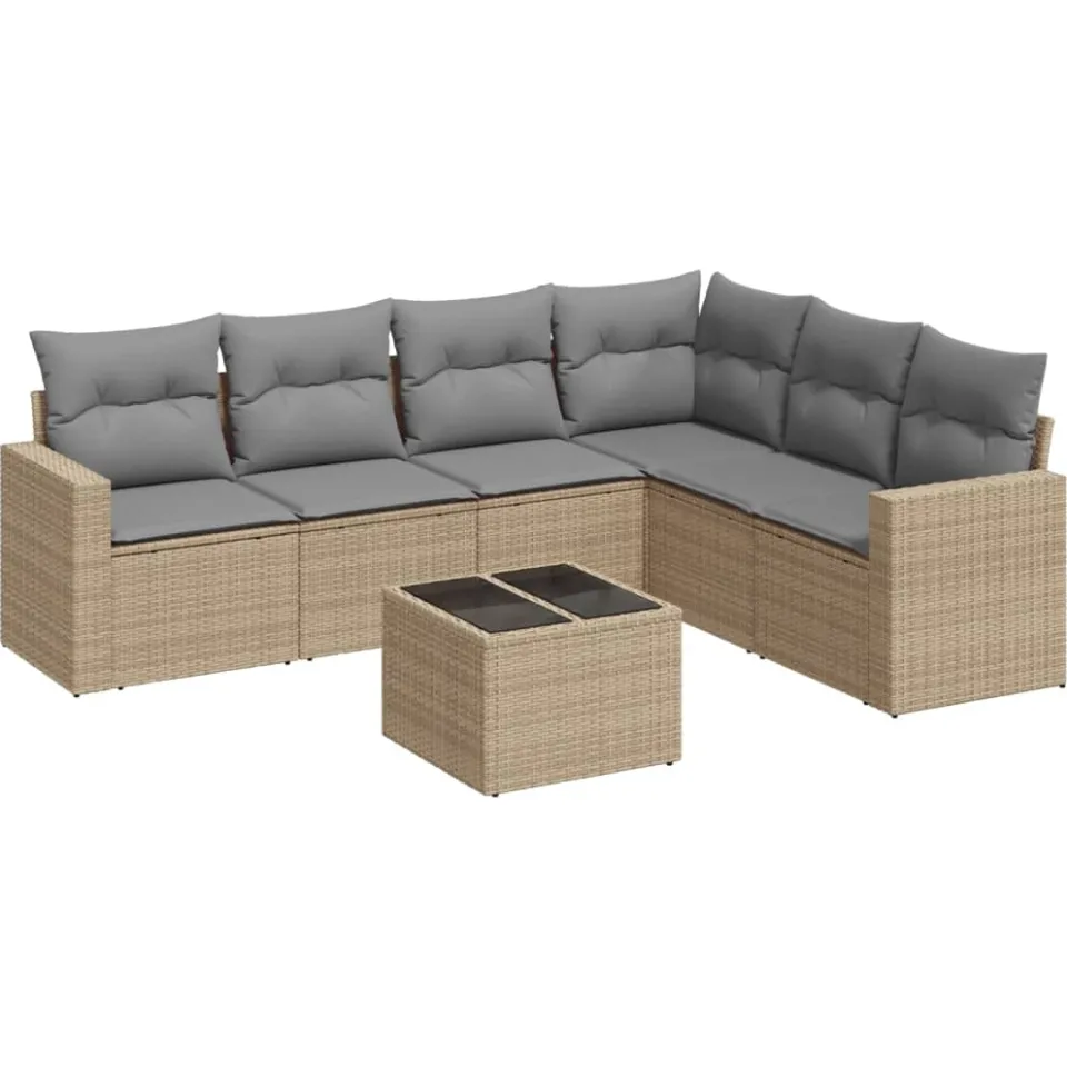 vidaXL 7-delige Loungeset met kussens poly rattan beige, foto 4