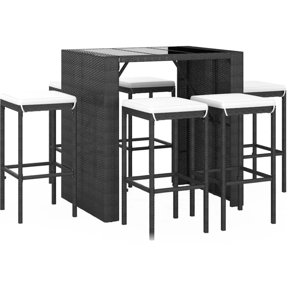 vidaXL 7-delige Tuinbarset met kussens poly rattan zwart