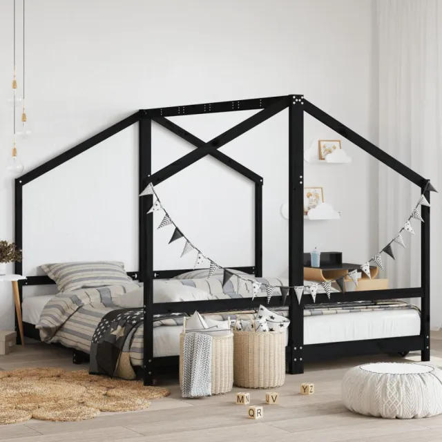 vidaXL Kinderbedframe 2x(90x190) cm massief grenenhout zwart, foto 2