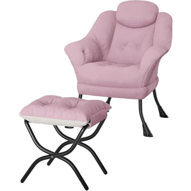 HOERFURIY Moderne Fauteuil met Hocker - Verstelbare Loungestoel met Zijvak - Velvet Relaxstoel - Compact Design voor Kleine Ruimtes - Roze