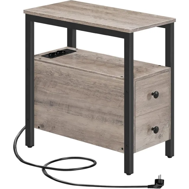 Trankielo Multifunctionele Bijzettafel met Laadstation - Compact Nachtkastje met Dubbele Laden - USB-Poort en Stopcontact - Greige Rustiek Bruin, Zwart