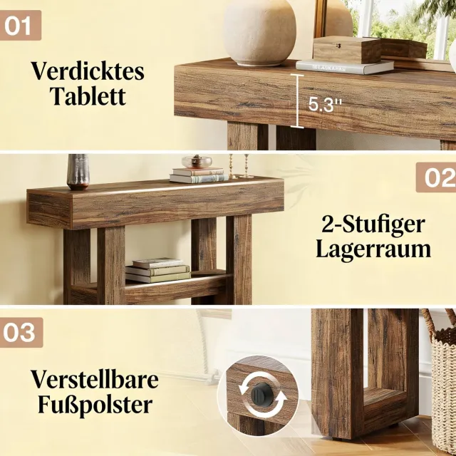 WUVRIE Sidetable 105x30x80 cm - 2 niveaus en verstelbare poten - Bruin