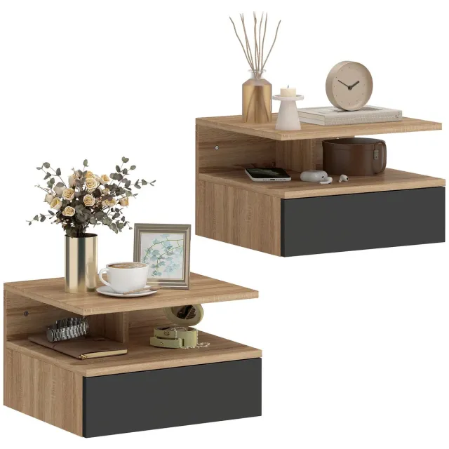 Questyr Set van 2 Zwevende Nachtkastjes – 35 cm – Met Lade – Wandgemonteerd – Modern – Eiken & Zwart