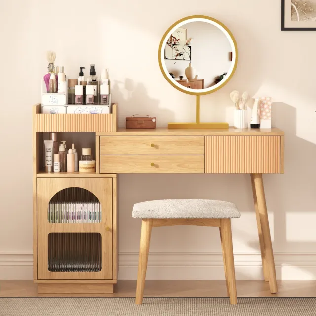 Sweiko Dressing tafel, cosmetische tafel met LED spiegel en 3-kleuren verlichting, houten kaptafel met 3-laden en zijkast voor slaapkamer studio. Afmetingen: B120/H90/T40 cm (zonder kruk) Natuurlijk