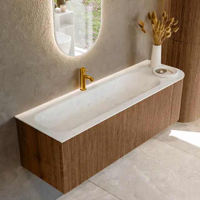 Mondiaz KURVE-DLUX 145 cm Onderkast Greeploos 1 Lade Met Deuren Walnut, Wastafel Solid Surface Links Opalo 1 Kraangat Zonder Spiegel (KRVBGL145R1L1D1KL-Wal/Opa)