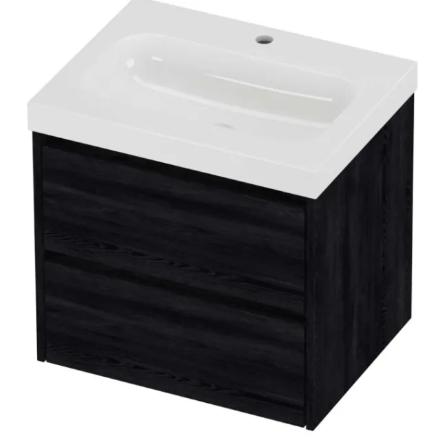 Proline Haga Badmeubelset Polystone Mezza 1 Kraangat Symmetrisch 60x46x58 cm Glans Wit Black Oak Eiken