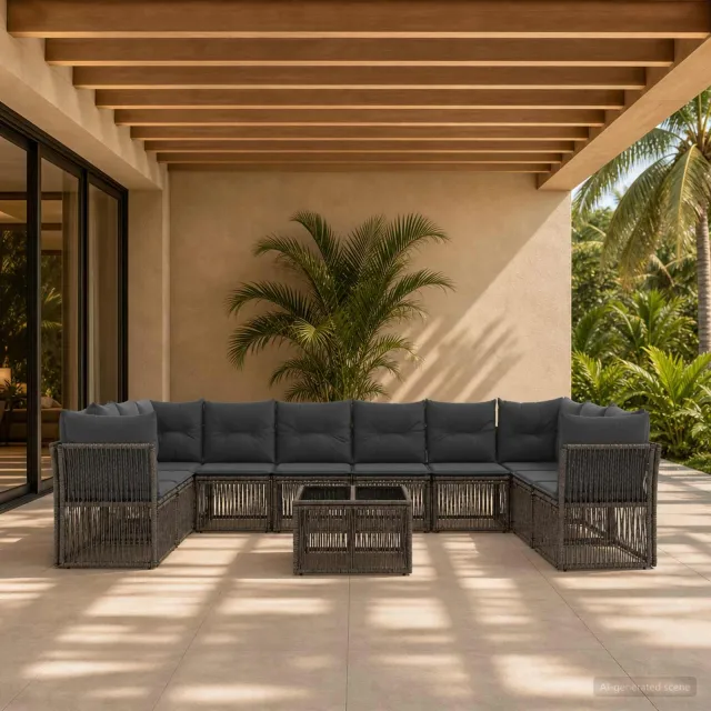 vidaXL Tuinbankenset 11 st 10-zits Grijs poly rattan