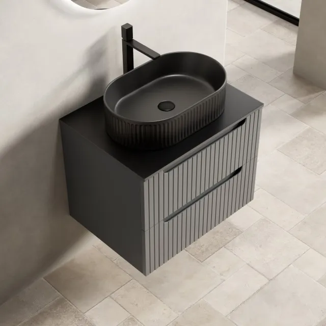 STILVORA Badkamermeubel - Zwevend Wastafelmeubel Met Ovale Wastafel En 2 Lades - Voor Badkamer - Keramiek En Steen - 60 Cm