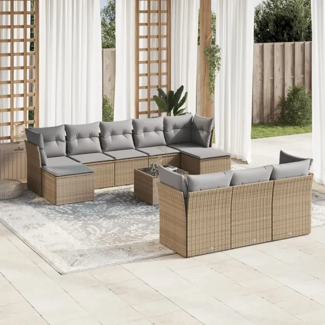 vidaXL 11-delige Tuinset met kussens poly rattan beige, foto 2