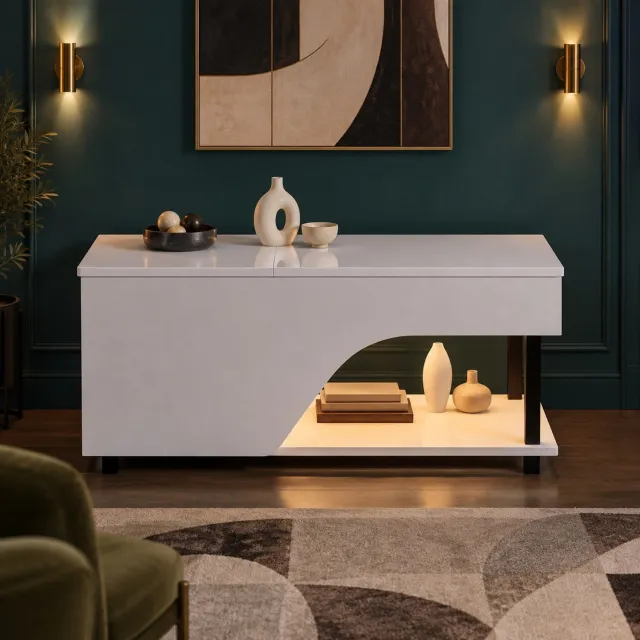 Maisentiel Salontafel 100 x 50 cm - hoogteverstelbaar blad met opbergruimte, LED, wit