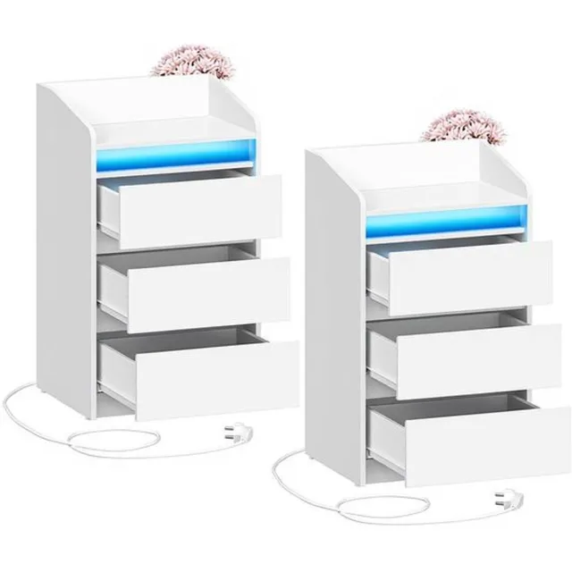 J.T.R Nachttafel-Set van 2 nachtkastjes met LED-verlichting en stekkerdoos-3 lades en 1 open vak- voor slaapkamer, woonkamer- modern- WIT