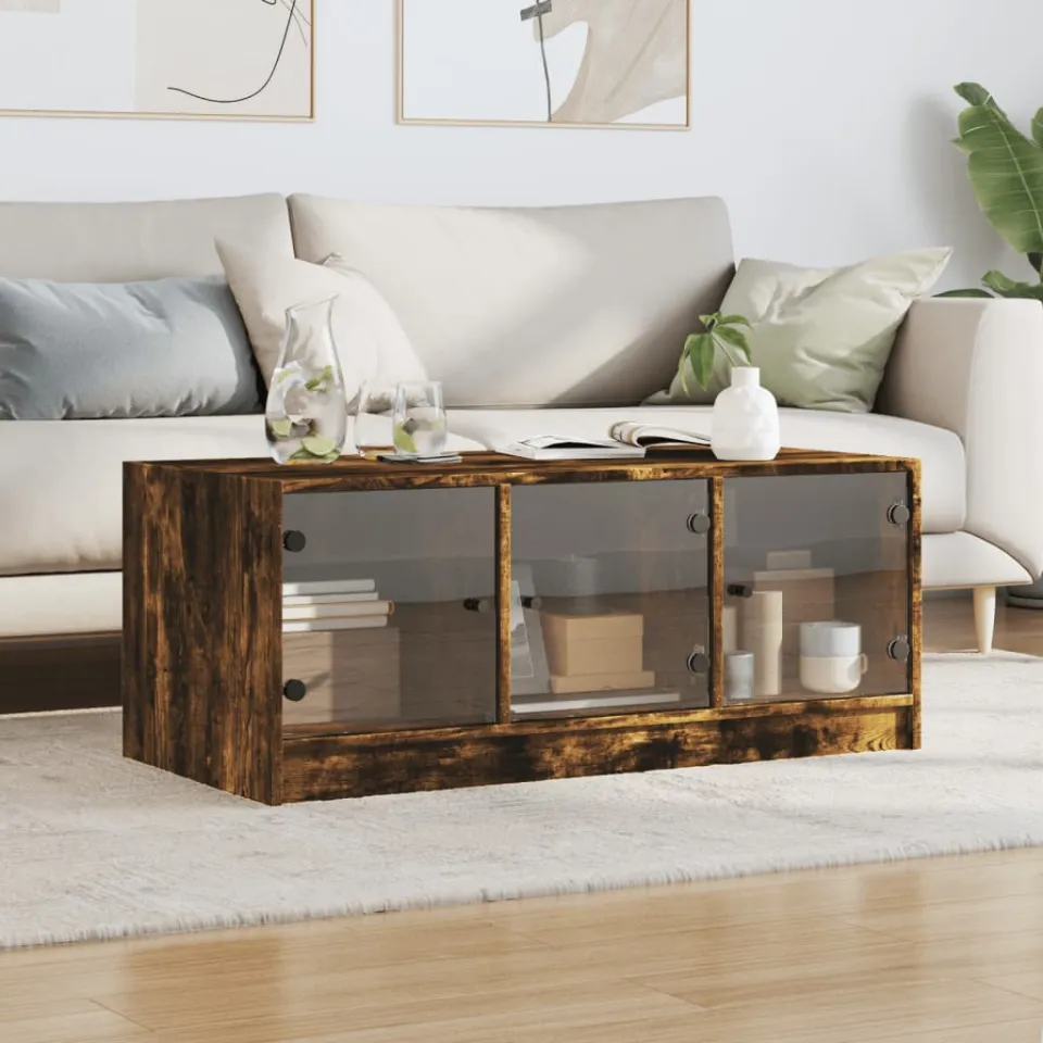 vidaXL Salontafel met glazen deuren 102x50x42 cm gerookt eikenkleurig, foto 3