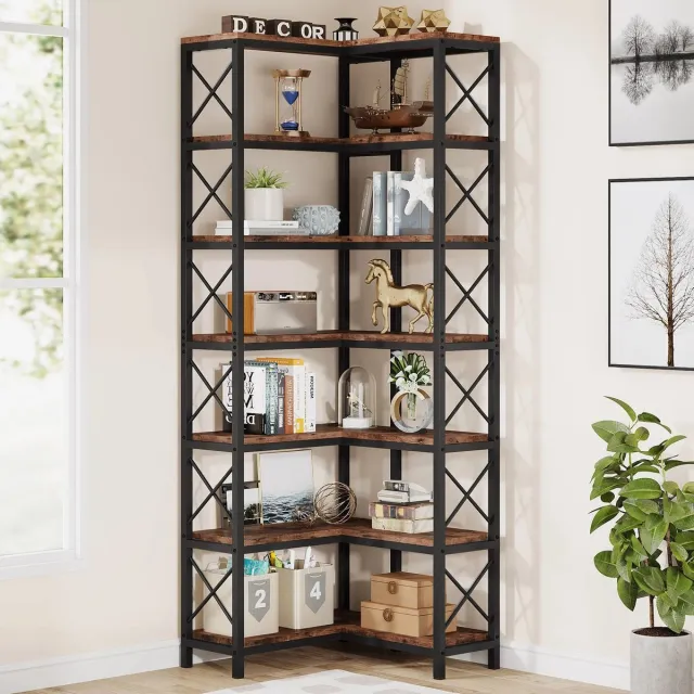 Corenia Hoekkast - Boekenkast - Hoekrek - Woonkamer - Slaapkamer - 78.74” - 7-Tier Hoog Ontwerp - L-vormige Ruimtebesparende Planken – Stevig Metalen Frame & MDF - Bruin brown