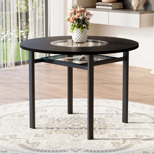 COVREO Ronde eettafel 100 cm – zwart MDF met glazen inleg en metalen onderstel
