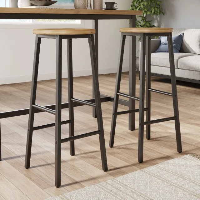 Maisentiel Barkrukken set van 2 - 30 x 30 x 70 cm - MDF zitting met houtlook - zwart metalen frame