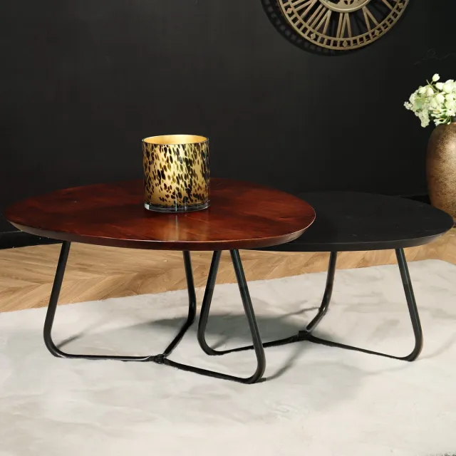 Lizzely Garden & Living Salontafel organisch set van 2 mangohout Gijs bruin en zwart bijzettafel organisch mango side table