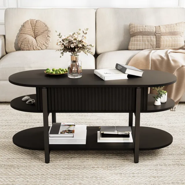 Solvenrik Ovale Salontafel met Liftfunctie – Zwarte Salontafel met Verborgen Opbergruimte – MDF Koffietafel met Open Legplank – Moderne Woonkamertafel