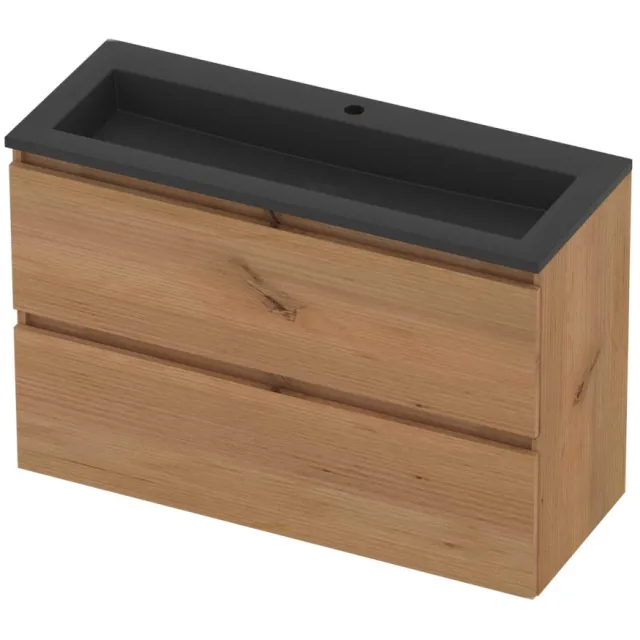 Basic-Line Mood 39 Badmeubelset Acryl 1 Kraangat Greeploos 100x39x62 cm Whisky Oak Mat Zwart
