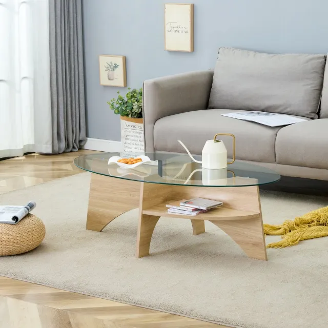 STILVORA Salontafel - Ovale Glazen Tafel Met Onderplank - Voor Woonkamer En Balkon - MDF En Glas - Transparant;Hout - 104,9x60 Cm