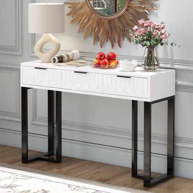 CHICFURN Sidetable - 3 lades - vaste hoogte - metalen frame - wit en zwart
