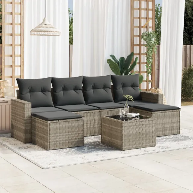 vidaXL 7-delige Loungeset met kussens poly rattan lichtgrijs grijs, foto 2