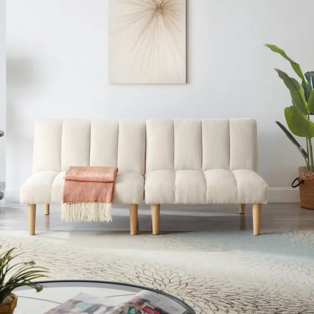 MEUNIQ 2-zits slaapbank 167 cm met 3-voudig verstelbare rugleuning, corduroy bekleding en houten poten voor woonkamer of kantoor, beige