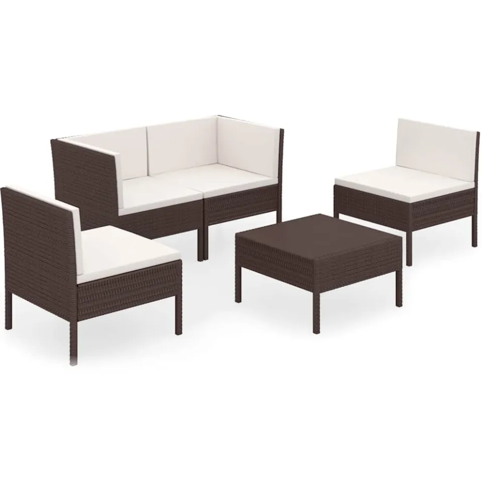 vidaXL 5-delige Loungeset met kussens poly rattan bruin