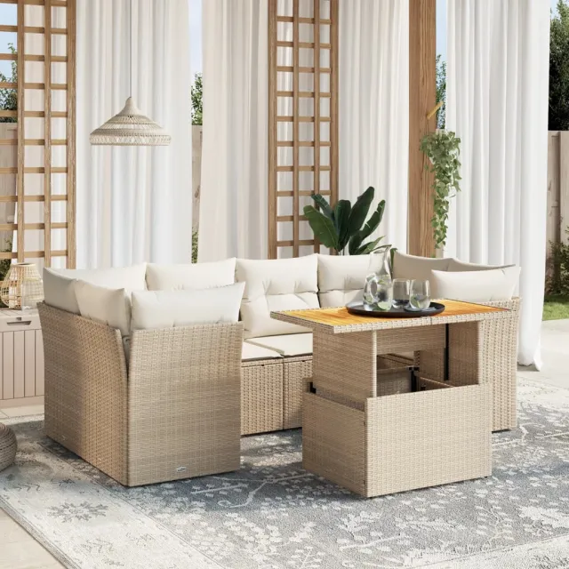 vidaXL 7-delige Loungeset met kussens poly rattan beige, foto 2