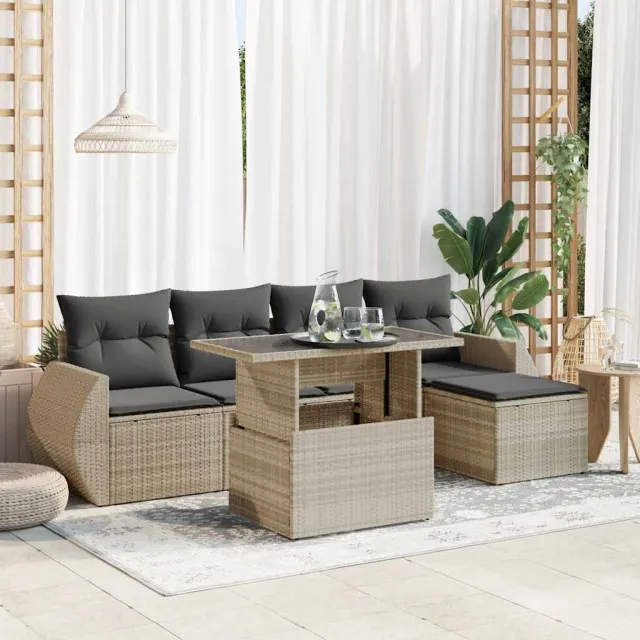 vidaXL 6-delige Loungeset met kussens poly rattan lichtgrijs grijs, foto 2
