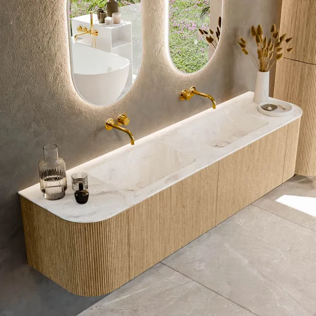 Mondiaz KURVE-DLUX 180 cm Onderkast Greeploos 2 Lades Met Deuren Oak, Wastafel Solid Surface Dubbel Frappe 0 Kraangaten Zonder Spiegel (KRVLEA180L+R2L2D0KD-Oak/Fra)