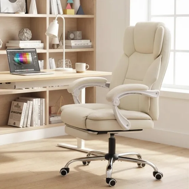 MEUNIQ Bureaustoel met ligfunctie en voetsteun - hoogteverstelbare draaistoel 64 x 73 x 112-120 cm, 155° kantelbaar, kunstleer, met armleuningen en wielen, beige