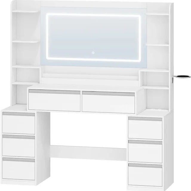Brandistry Kaptafel - Kaptafel met Spiegel en Verlichting - Make Up Tafel - 8 Lades - Open Vakken - 40 x 135 x 145,2 cm - Wit