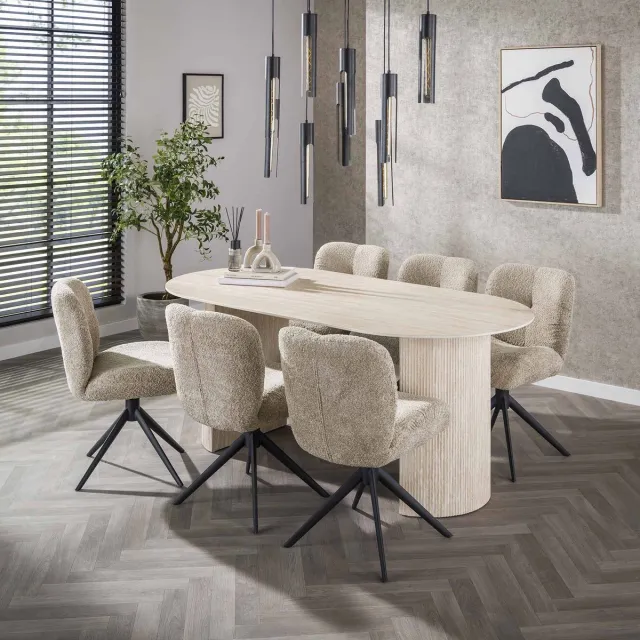 Dimehouse Ovale Eettafel Jimi 180x90 cm travertin beige - Keramiek - Japandi - Ovaal Travertinlook