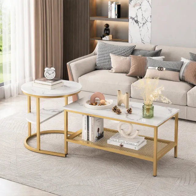 Goudkleurig Salontafel Set van 2 - Rechthoekig en Rond - Wit Marmerlook Tafelblad - Goudkleurig Metalen Frame - Met Opbergruimte - Voor de Woonkamer