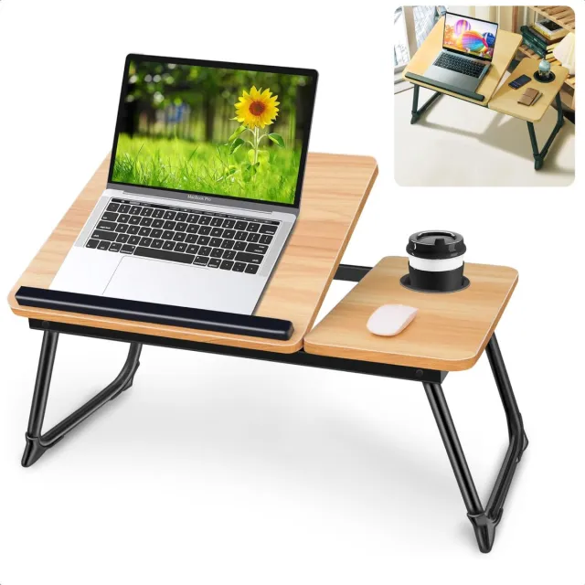 Cheqo Verstelbare Laptoptafel - Ontbijt op Bed Tafel - Ontbijttafel - Laptopstandaard - Schoottafel - Opklapbare Bedtafel met Bekerhouder - MDF Walnoot