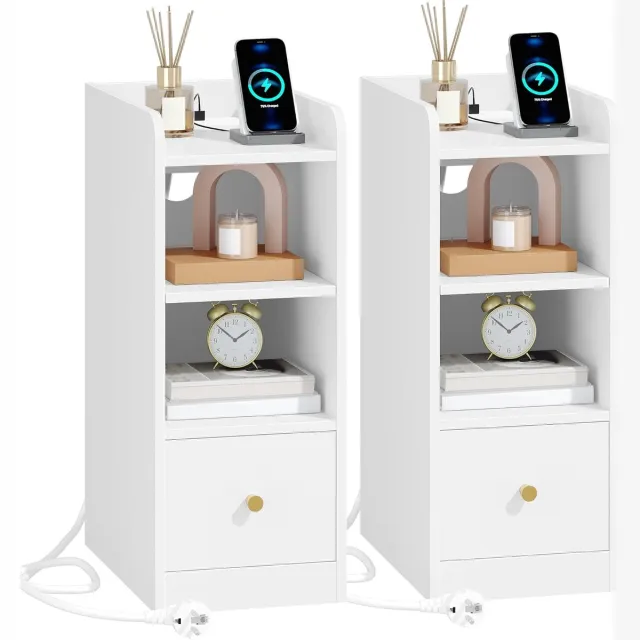 HILINSIE Nachtkastje Set van 2 met Oplaadstation,USB & Type C Poort,Wit