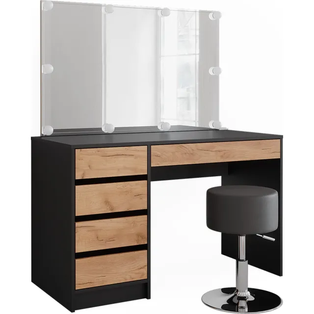 Vicco Kaptafel Sherry, Antraciet/Goudkleurig Eiken, 120 x 145 cm met spiegel, LED-lichtslinger en kruk