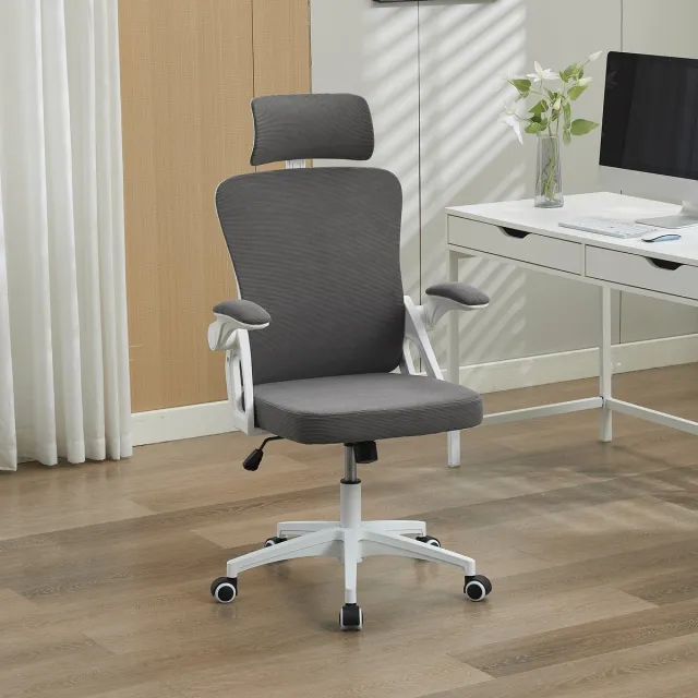 HAUSS SPOLE Ergonomische Bureaustoel Met Netrug, Verstelbare Lendensteun En Hoofdsteun, Hoogteverstelbaar, Met Wielen En Armleuningen, Grijs Wit Gray