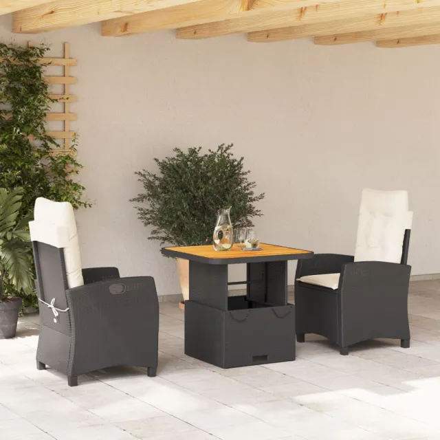 vidaXL 3-delige Tuinset met kussens poly rattan zwart, foto 2
